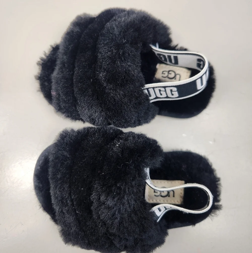 UGG Toddler Oh Yeah Fluffy Shearling Sheepskin Slingback Slipper Black 6